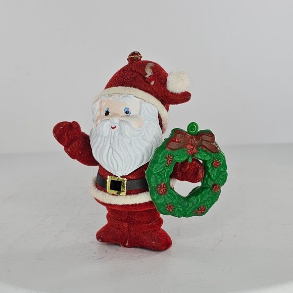 Vintage Flocked Santa Claus Holding Wreath Ornament Christmas Hong Kong - Picture 8 of 9
